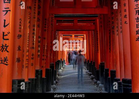 Tourists on the move walking through the wooden arches of Torii in Japan Stock Photo