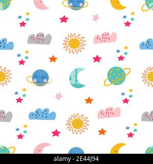 Seamless pattern - space elements in cartoon style Stock Vector