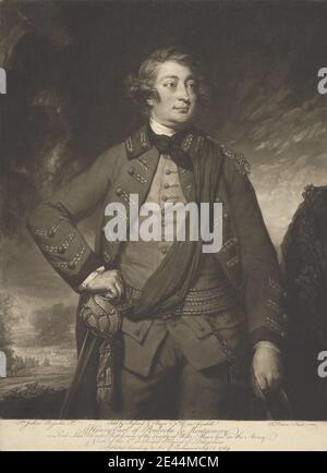 John Dixon, ca. 1740â€“1811, Irish, Henry, tenth Earl of Pembroke and seventh Earl of Montgomery, 1769. Mezzotint on moderately thick, slightly textured, beige laid paper.   armed forces , belt , buttons , clouds , coat , cravat , curls , earl , gaze , horses (animals) , keys , man , nobleman , officers (military officers) , portrait , posing , sash , scarf , solemn , sword , tassels , thoughtful. Europe , Pembroke , Pembrokeshire , United Kingdom , Wales. Herbert, Henry, 10th Earl of Pembroke and 7th Earl of Montgomery (1734â€“1794), military/naval Stock Photo