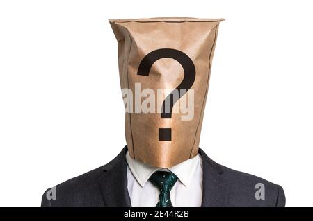 Businessman with a paper bag on the head with question mark - isolated on white Stock Photo