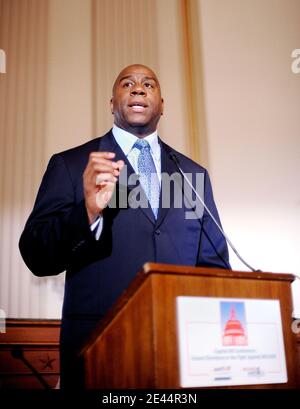 Earvin 'Magic' Johnson,former NBA player and founder and chairman of the Magic Johnson Foundation, speaks at a forum to discuss 'the future of the fight against HIV/AIDS and a comprehensive National AIDS Strategy for research, prevention and treatment' on Capitol Hill May 13, 2009 in Washington, DC. Photo by Olivier Douliery/ABACAPRESS.COM Stock Photo