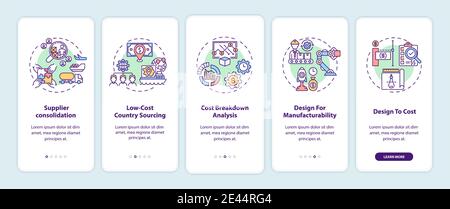 Cost reduction strategies onboarding mobile app page screen with concepts Stock Vector