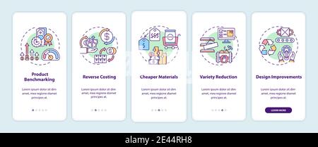 Cost reduction strategies onboarding mobile app page screen with concepts Stock Vector