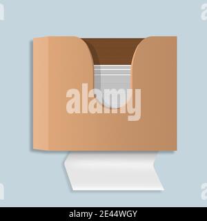 Multifold paper towel dispenser on wall. Restroom equipment. Drying hands safely. Vector image isolated on light background Stock Vector