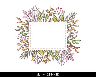 Cute leaves frame template. Hand drawn leaves and berries with an editable blank space in the middle. Floral card template. Vector illustration. Stock Vector