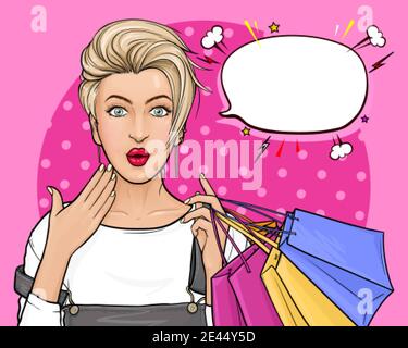 Vector pop art illustration of a surprised blonde hair girl holding shopping bags on pink background. Amazed woman with wide open eyes and mouth. Excellent poster for advertising discounts and sales. Stock Vector
