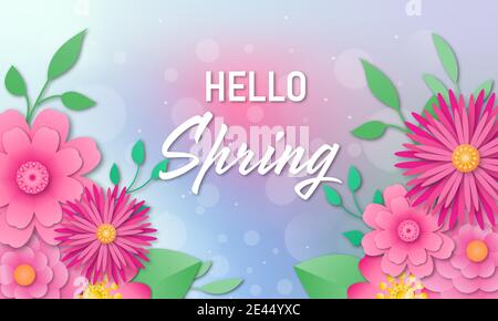 Hello spring background with beautiful flowers. Simple paper cut style.  Design for your banner, wallpaper, flyer, invitation, poster, brochure, vouch Stock Vector