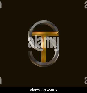 TS monogram logo. Realistic 3d Ts minimalist initials in gold and silver, icon for any company or business. Vector illustration on black background Stock Vector