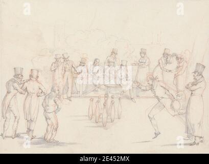 Henry Thomas Alken, 1785â€“1851, British, Scraps, No. 28: Skittle Alley With Players and Spectators, 1823. Graphite and red chalk on medium, slightly textured, blued white, wove paper.   ball , bench , drinking , glasses (drinking glasses) , lanes, bowling , men , pins (bowling equipment) , players , skittle , skittle alley , skittles , spectators , sporting art , table Stock Photo