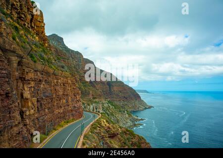 Chapman's Peak- Cape Town, South Africa - 19-01-2021 View of Chapmans Peak drive form Chapmans Peak. Long curvy road winding around mountain. Stock Photo