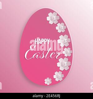 Happy Easter greeting card with egg, flowers. Paper cut style. Stock Vector
