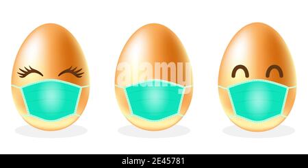 Set of Easter eggs in medical face mask on white background. Easter and coronavirus. Quarantine. Concept on Easter 2021 and the coronavirus Stock Vector