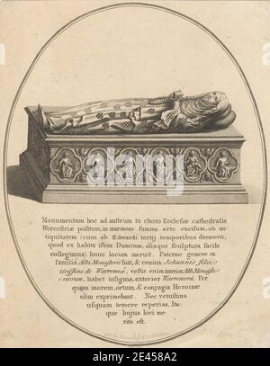 Print made by James Basire, 1769–1822, British, Monumentum hoc ad austrum in choro Ecclesiae cathedralis Worcestiae positum, undated. Etching on moderately thick, moderately textured, beige wove paper.   beads , cathedral , coat of arms , coffin , death , effigy , historical subject , monument , nobility , oval , portrait , relief , rosary , tomb , veil , woman. England , Hereford and Worcester , United Kingdom , Worcester , Worcester Cathedral. saints Edward III (1312–1377), king of England and lord of Ireland, and duke of Aquitaine Adela, Countess of Warenne (12th century) Paul, the Apostle, Stock Photo