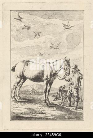Print made by George Bickham, 1683/4â€“1758, British, A Man, a horse and two dogs, a Pl. for 'A New Drawing Book..of Beasts in Various Actions' (1 of 6), undated. Etching on medium, smooth, cream laid paper.   animal art , birds , bridle , canes , clouds , dogs (animals) , farm , farmer , farmers , fences , genre subject , gloves , grass , hat , hills , horse (animal) , peasant Stock Photo