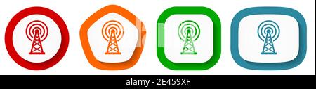 Antenna, wireles communication vector icon set, flat design buttons on white background Stock Vector