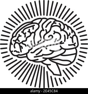 Human brain surrounded by rays vector line icon for Concussion Awareness Day on September 18. Dangerous head trauma symbol. Stock Vector