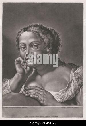 Print made by Johann Lorenz Haid, 1702â€“1750, German, Portrait of a Woman, undated. Mezzotint on moderately thick, slightly textured, cream laid paper.   curls , dress , genre subject , gesturing , hands , leaning , light , posing , resting , smiling , woman Stock Photo