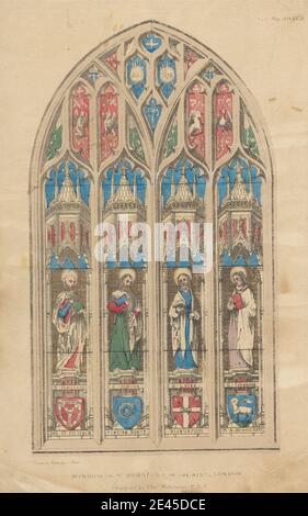 Print made by J. Blore, Window in St. Dunstan's in the West, London, 1834. Lithograph with hand-coloring on medium, smooth, beige wove paper.   altar , architectural subject , books , church , columns , emblems , halos , men , pillars , pointed arch , religious and mythological subject , stained glass , The Four Evangelists , The Gentleman's Magazine , window. City of London , England , Greater London , London , St Dunstan-in-the-West , United Kingdom. saints John the Evangelist, Saint (c. 1–c. 100 AD) Matthew the Evangelist, Saint Mark the Evangelist, Saint (1st c. AD–68 AD) Luke the Evangeli Stock Photo