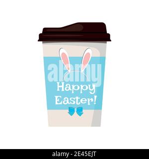 Easter coffee cup with bunny rabbit ears and bow icon isolated on white background. Stock Vector