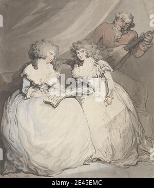 Thomas Rowlandson, 1756â€“1827, British, The Duchess of Devonshire and the Countess of Bessborough, 1790. Watercolor with pen and black and gray ink over graphite on laid paper, mounted on, moderately thick, moderately textured, cream, wove paper.   aristocracy , couch , dresses, evening , guitar , man , music , portrait , sheet music , sisters , sitting , women. Cavendish [nÃ©e Spencer], Georgiana, duchess of Devonshire (1757â€“1806), political hostess Ponsonby [nÃ©e Spencer], Henrietta Frances [Harriet], countess of Bessborough (1761â€“1821), noblewoman Stock Photo
