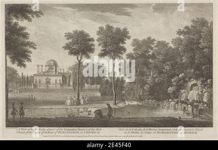 Print made by unknown artist, eighteenth century, The Cascade and West Front of Chiswick House, ca. 1753. Engraving. Stock Photo
