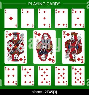 Playing cards of Diamonds suit on a green background. Vector illustration. Original design. Stock Vector