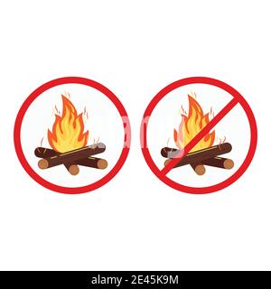 Bonfire and no camping sign set isolated on white background. Stock Vector