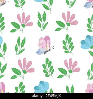 Seamless pattern - blue, pink flowers, butterflies Stock Vector