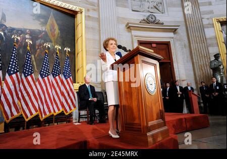 Former first lady Nancy Reagan attends an event to unveil a statue of the late former President Ronald Reagan in the Capitol Rotunda June 3, 2009 in Washington, DC. USA The Reagan statue will become part of the National Statuary Hall Collection, which is comprised of statues donated by individual states to honor men and women notable in each state's history. Photo by Olivier Douliery/ABACAPRESS.COM Stock Photo