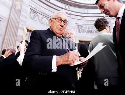 Former US Secretary of State Henry Kissinger attends the unveiling of a statue of the late former President Ronald Reagan in the Capitol Rotunda in Washington, DC, USA on June 3, 2009. The Reagan statue will become part of the National Statuary Hall Collection, which is comprised of statues donated by individual states to honor men and women notable in each state's history. Photo by Olivier Douliery/ABACAPRESS.COM Stock Photo