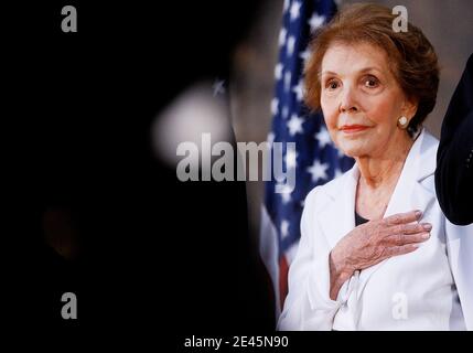 Former first lady Nancy Reagan attends the unveiling of a statue of her husband, the late former President Ronald Reagan in the Capitol Rotunda in Washington, DC, USA on June 3, 2009. The Reagan statue will become part of the National Statuary Hall Collection, which is comprised of statues donated by individual states to honor men and women notable in each state's history. Photo by Olivier Douliery/ABACAPRESS.COM Stock Photo