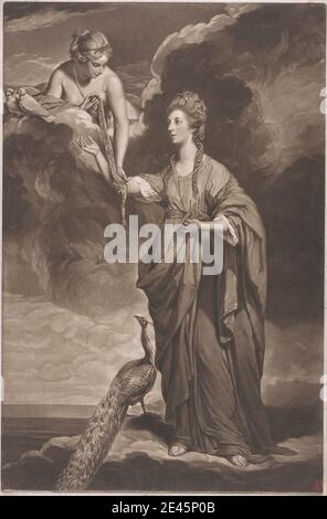 Print made by John Dixon, ca. 1740â€“1811, Irish, Mrs. Blake as Juno, 1771. Mezzotint (third state) on medium, slightly textured, cream paper mounted on moderately thick, slightly textured, beige wove paper.   beads , birds , braids , clouds , goddess , heaven , peacock (bird) , portrait , religious and mythological subject , robes , sky , stola. Juno Stock Photo