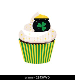 St Patrick cupcake with cauldron isolated on white background. Stock Vector
