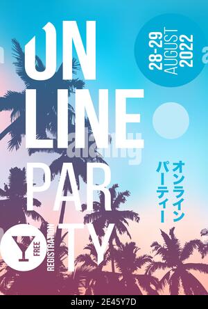Online Party poster design. Summer music party flyer artwork template A4. Creative palm tree background party poster.  Stock Vector