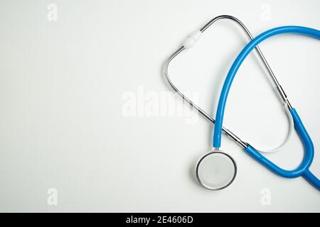 Blue stethoscope or phonendoscope close-up isolated on white background, medicine concept Stock Photo
