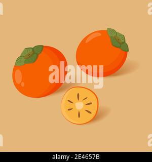 Pair of two whole persimmons and half persimmon. Isolated cartoon icon fruit. Stock Vector