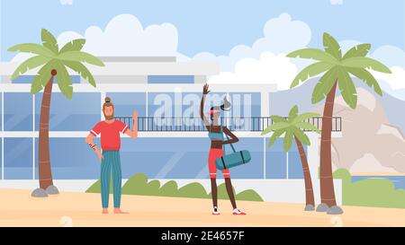People on summer travel vacation vector illustration. Cartoon man woman friends characters waving, standing on tropical island beach with palm trees and resort hotel, happy friendship scene background Stock Vector