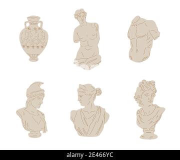 Set of different antique Greek marble statue. Classical art statues of Ancient gods, flat vector illustration in trendy modern style isolated on white Stock Vector