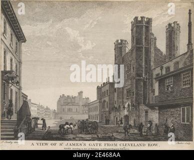 Edward Rooker, 1724â€“1774, British, A View of St. James's Gate from Cleveland Row, 1777. Engraving. Stock Photo