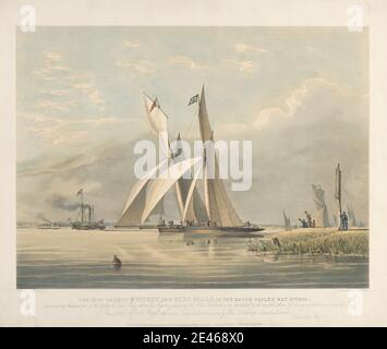 Print made by Thomas Goldsworth Dutton, 1819/20–1891, British, The Iron Yachts Mystery and Blue Belle in the Match Sailed May 23rd, 1843, 1843. Lithograph with hand coloring on thick, slightly textured, cream card.   audience , barges (flat-bottomed watercraft) , costume , flags , frock coats , marine art , masts , men , race (event) , racing , reeds , river , riverbanks , sails , ships , smokestacks , sporting art , staff (walking stick) , steamships , top hats , trousers , Union Jack , yachts. England , Thames Estuary , United Kingdom. Paget, Lord Alfred Henry (1816–1888), soldier, courtier Stock Photo