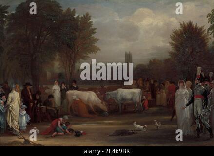 Benjamin West, 1738â€“1820, American, active in Britain (from 1763), Milkmaids in St. James's Park, Westminster Abbey Beyond, ca. 1801. Oil on panel.   children , church , cityscape , cows , dogs (animals) , genre subject , hobbyhorse , milk , milkmaid , park (grounds) , soldiers , toy. England , London , St. James's Park , United Kingdom , Westminster Abbey Stock Photo