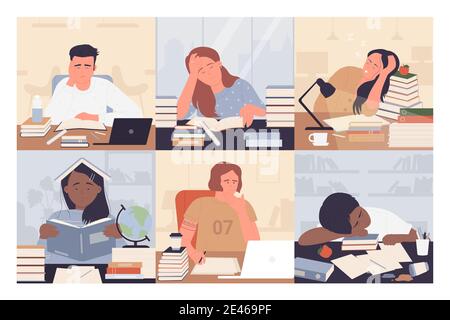 Bored students study vector illustration set. Cartoon young exhausted woman man student characters sitting on desk with books while studying boring and doing homework, frustrated people working Stock Vector