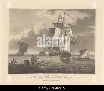 J. Hill, active 19th century, A Sloop of War in a Light Breeze, 1811. Aquatint on moderately thick, moderately textured, cream wove paper.   barrels , birds , boats , coastline , gesturing , marine art , men , moored , mooring , ocean , rigging , sails , sea , seagulls , ships , sloop (sailing vessel) , sloop (warship) Stock Photo