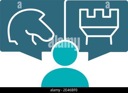 Human with knight and rook chess in speech bubbles colored icon. Board game, table entertainment symbol Stock Vector