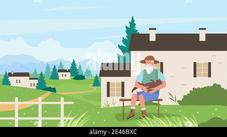 Old man with pet cat vector illustration. Cartoon elderly senior male character sitting on bench outdoor in house garden or park, hugging own kitten, relax with cat animal in summer nature background Stock Vector
