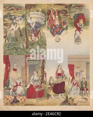 Print made by Bradshaw & Blacklock, active ca.1850, British, Eight Rural Subjects, after 1850. Aquatint, etching, stipple engraving and color woodcut on moderately thick, slightly textured, beige, wove paper.   aprons , bag , barrel , baskets , bonnets , bracelets , bridge (built work) , cages , cat , chairs , children , coat , costume , courting , cravats , curtains , dogs (animals) , doorway , dress , fans , flowers (plants) , food , garlands , genre subject , grass , hat , inside , ivy , jackets , kilt , labor , lake , men , mountains , necklaces , nobility , outside , oval , pails , painti Stock Photo