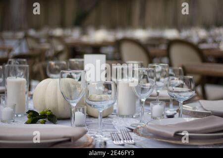 Elegant dinner table served on a garden Stock Photo