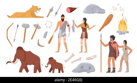 Stoneage primeval family people, prehistoric animals, tools vector illustration set. Cartoon caveman tribesman characters of primal tribe holding mammoth or tiger spear for hunting isolated on white Stock Vector