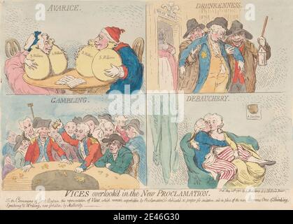 James Gillray, 1757â€“1815, British, Vices overlook'd in the New Proclamation, 1792. Etching, hand-colored. Stock Photo