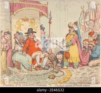 James Gillray, 1757â€“1815, British, Presentation of the Mahometan Credentials - or - The Final Resource of French Atheists (from: Caricature, vol. 2), 1793. Etching, hand-colored. Stock Photo